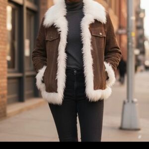 Elegant Brown Suede Jacket with White Faux Fur Trim